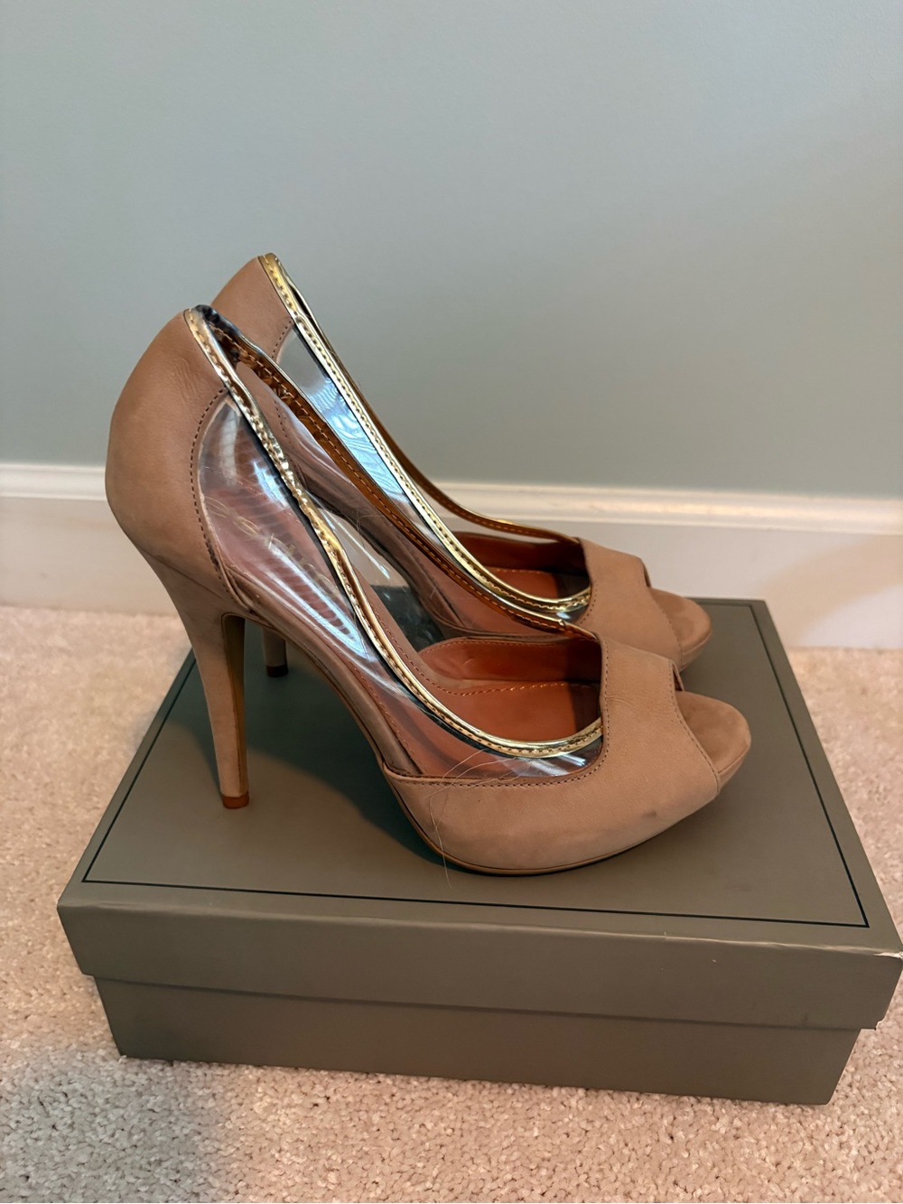 Taupe Suede Peep-Toe Stiletto Heels with Gold Trim